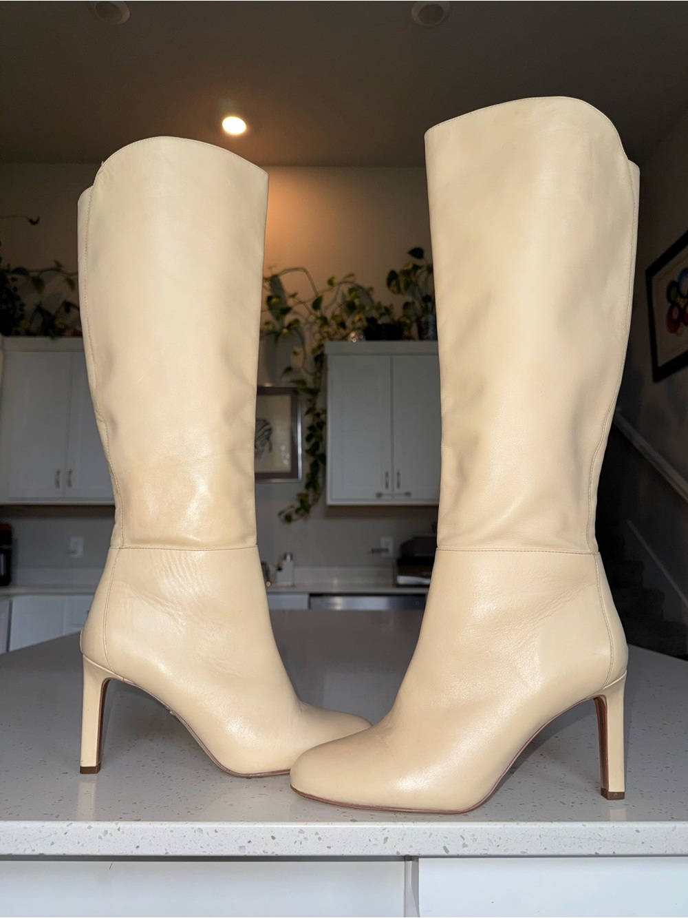 Sam Edelman Shauna Cream Leather Knee-High Heeled Boots